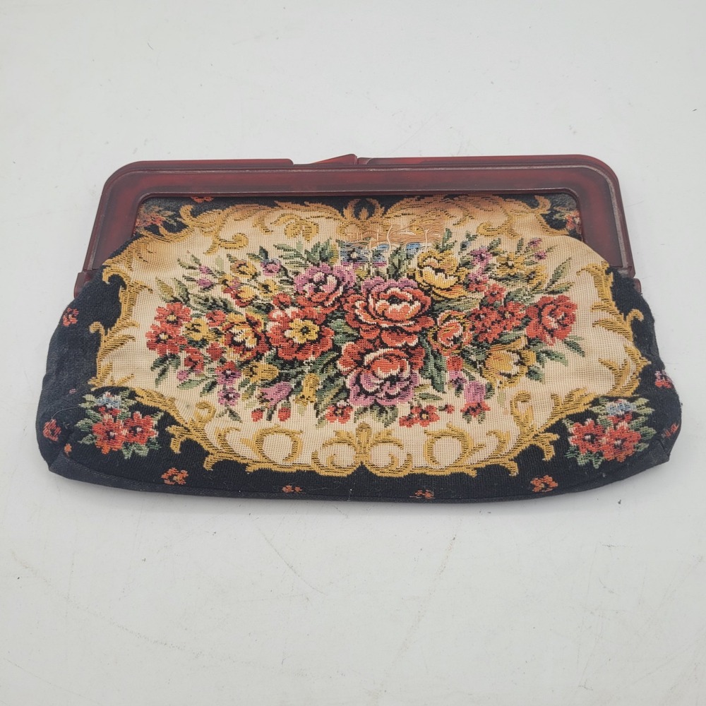 VTG 70's Kiss Lock Tapestry Fabric Floral Clutch Boho Hippie Black Multicolored